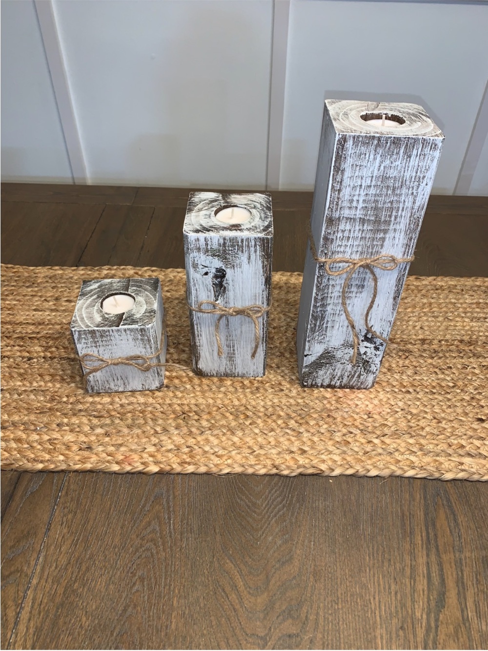 Rustic Whitewashed Wood Tea Light Holder Set - 3 Piece